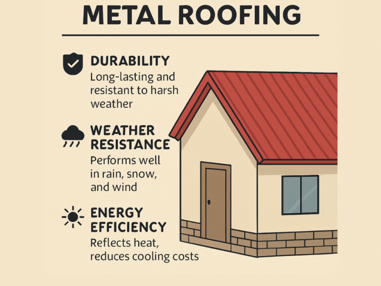 Illustration of a house with standing seam metal roofing showing benefits like durability, weather resistance, and energy efficiency.