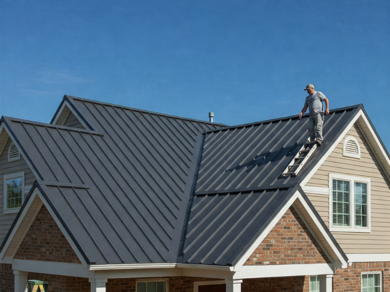 Large residential home with standing seam metal roofing, showing durable panels and modern architectural design.