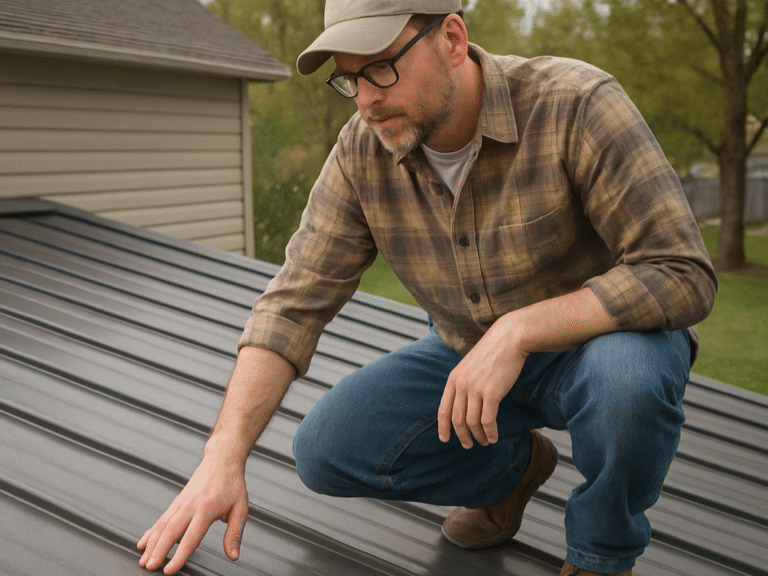 Contractor inspecting metal roof for maintenance