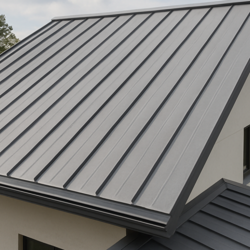 Standing seam metal roofing installed on a modern residential home, showing durable metal panels and sleek design.